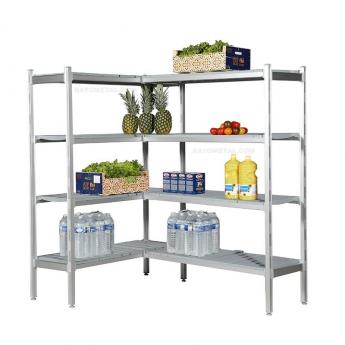 Rayonnage alimentaire aluminium position en angle avec accessoires